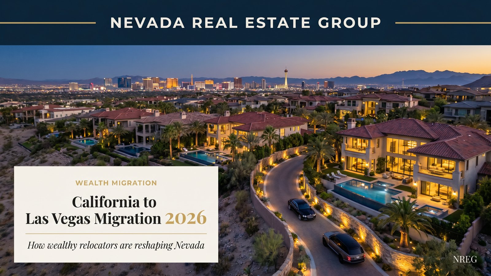 California to Las Vegas migration moving truck on I-15 with Strip skyline 2026 relocation trend