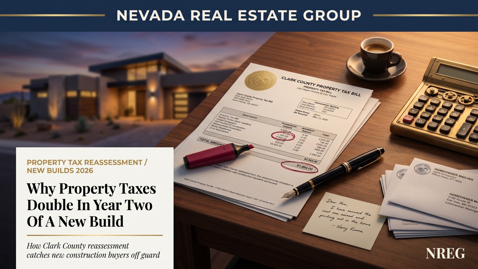 Clark County Las Vegas property tax bill on a kitchen counter with calculator and reassessment paperwork