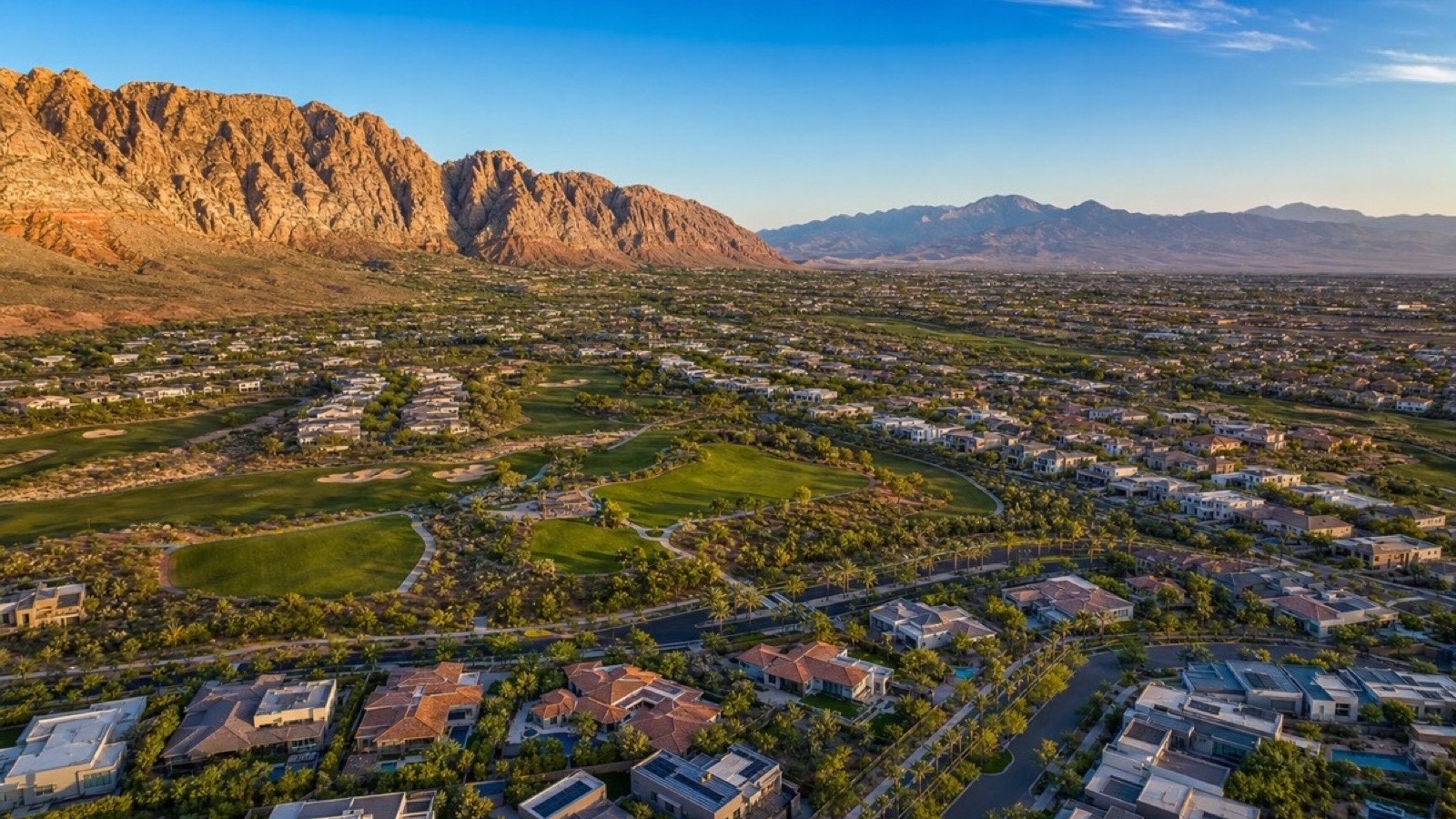 Summerlin Las Vegas master-planned community aerial view with Red Rock Canyon mountains and desert landscape