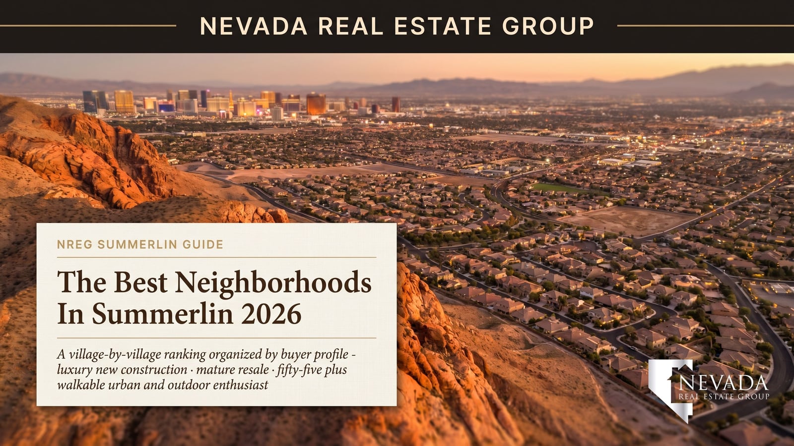 Master-planned community in Las Vegas valley showing Summerlin-style neighborhood streets and park access