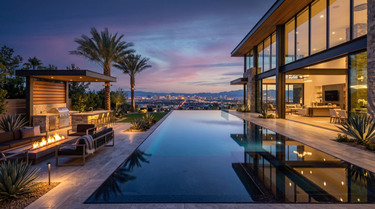 Luxury Las Vegas infinity-edge pool at twilight with the Strip skyline visible in the background — representative of the $3M+ estate tier where resort-grade pool integration is the norm