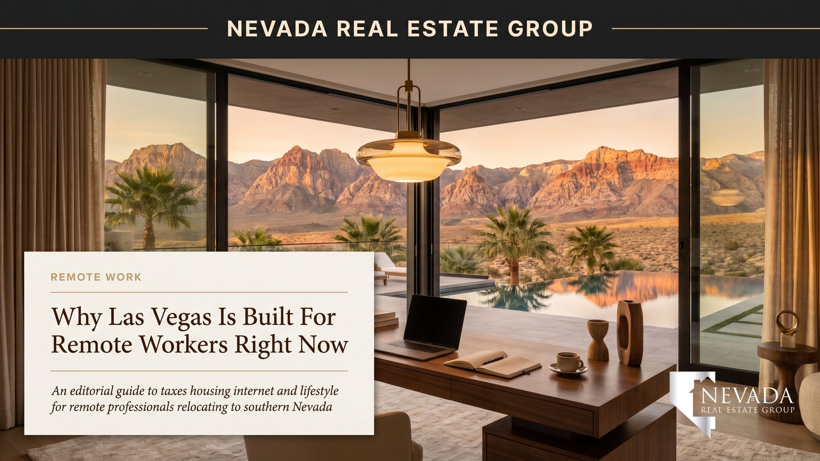Remote workers in Las Vegas home office 2026 with Strip view and tech worker relocator guide
