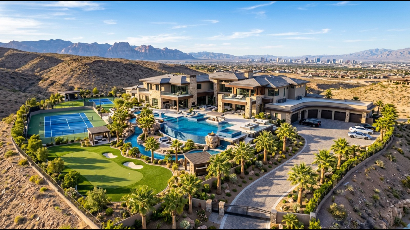 Mesa Ridge Toll Brothers semi-custom luxury home with contemporary desert architecture multi-slide glass doors stucco façade integrated stone detail and Spring Mountains visible in the distance