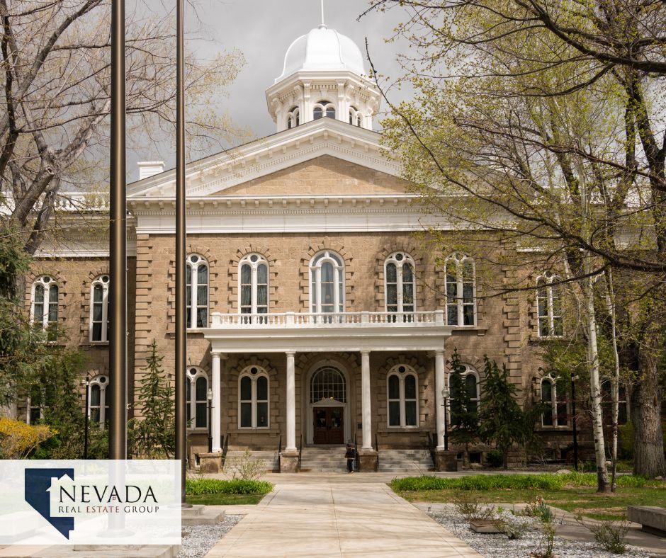 Historic buildings in Carson City Nevada with the Sierra Nevada in the background