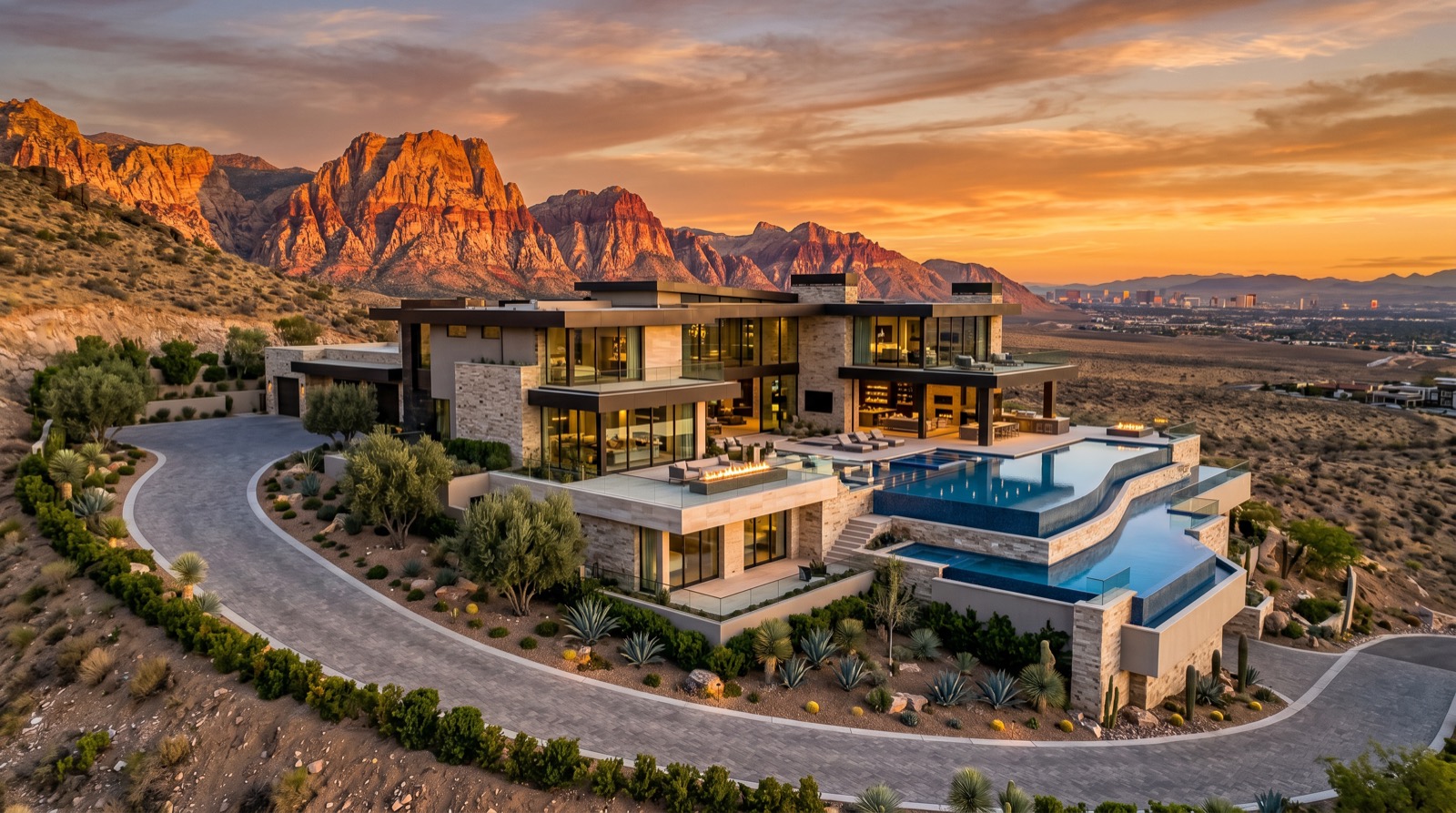 Guard-gated Summerlin custom luxury estate with Red Rock Canyon backdrop — the trophy-tier village cluster where 2025 closings averaged approximately $4.85M