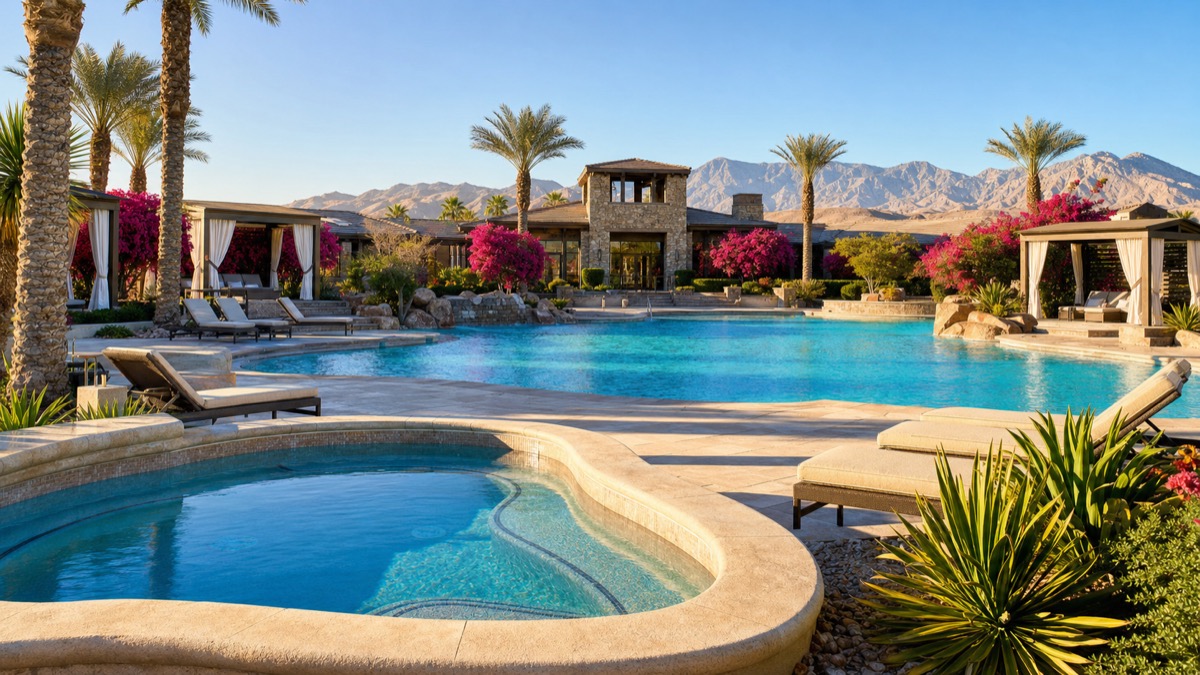 Resort-style pool and clubhouse at a Las Vegas 55-plus active adult community with lounge seating and desert landscaping