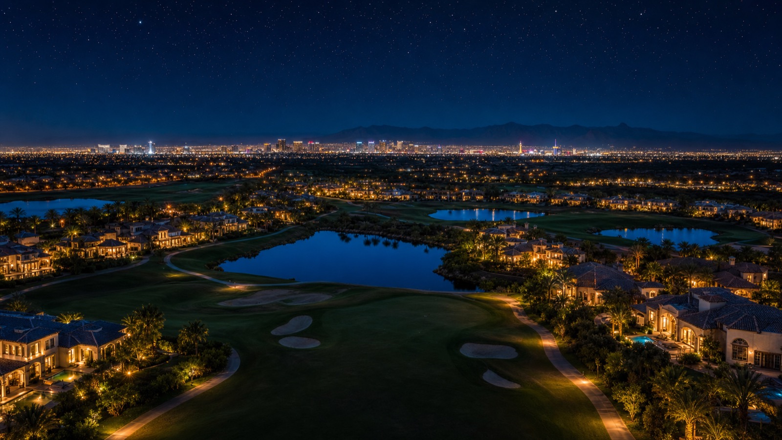 Stallion Mountain east Las Vegas guard-gated golf community streetscape with mature palm trees and Mediterranean homes