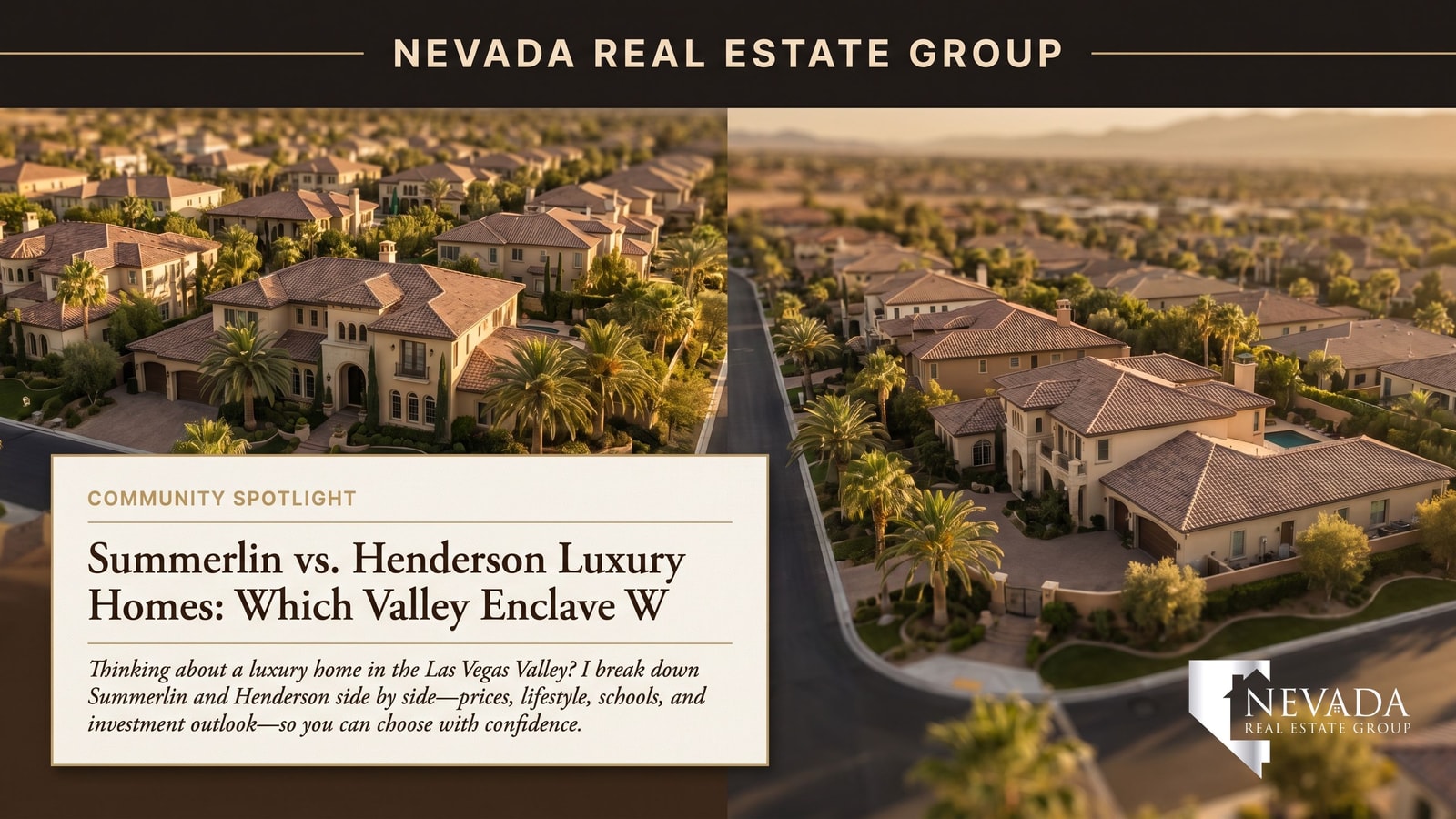 Side-by-side aerial of Summerlin and Henderson master plans showing scale and topography for 2026 buyers