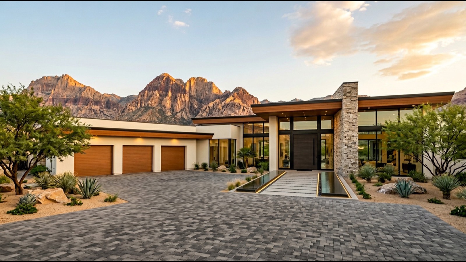 The Lakes luxury waterfront home in west Las Vegas with direct lake frontage, mature landscaping, and private boat dock access