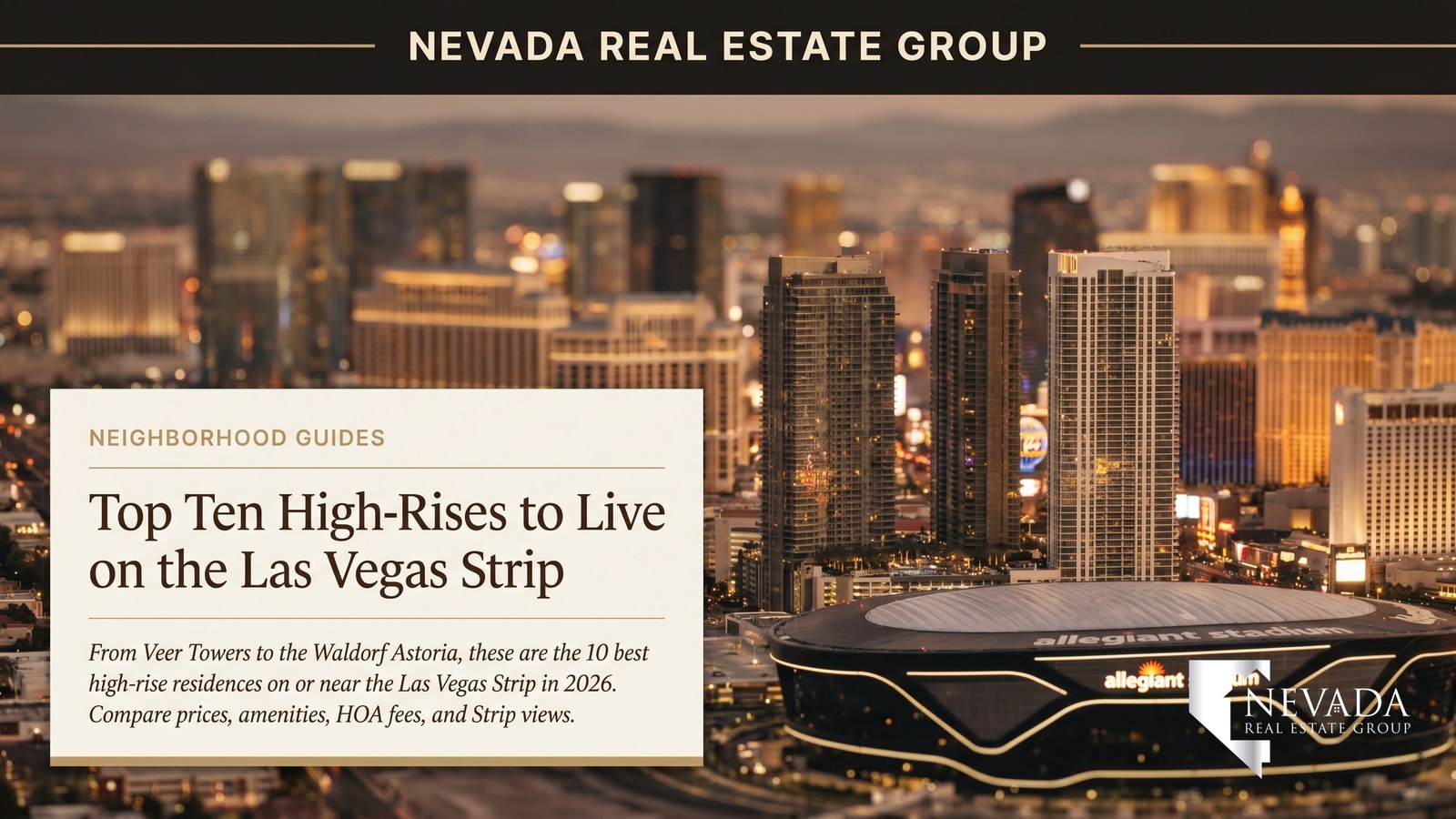 Las Vegas Strip luxury high-rise condo skyline showing the Strip corridor at twilight with glowing residential towers