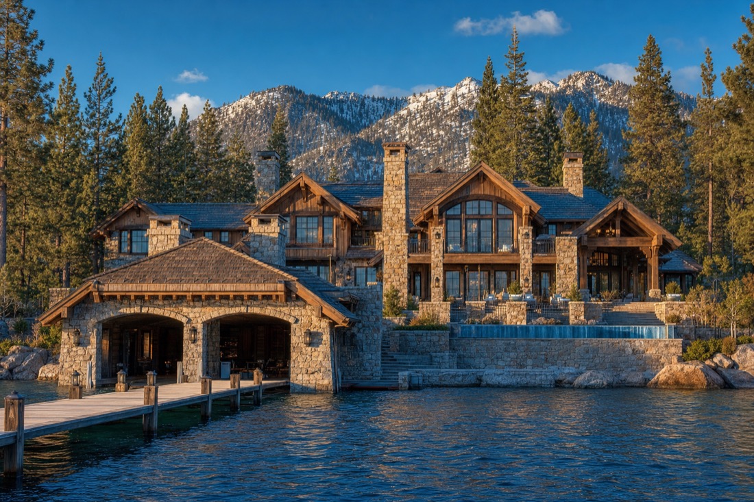 Trophy lakefront estate on Nevada-side Lake Tahoe among Sierra pines